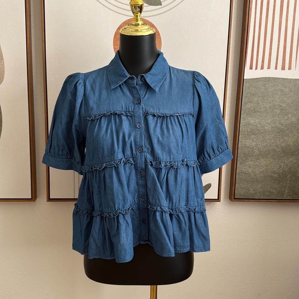 Blue Rain Blue Ruffle Tiered Button Down Short Sleeve